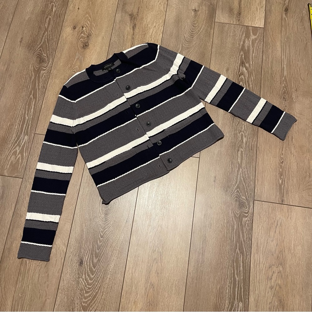 Ann Taylor Heavyweight Navy Blue, White, and Grey Striped Cardigan